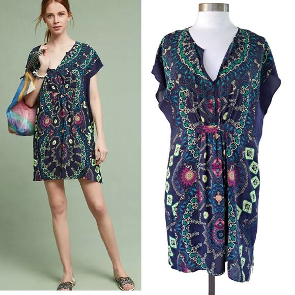 Anthropologie Maeve Silk Medallion Mini Caftan Tunic Dress Size Small Blue Multi - Picture 1 of 11